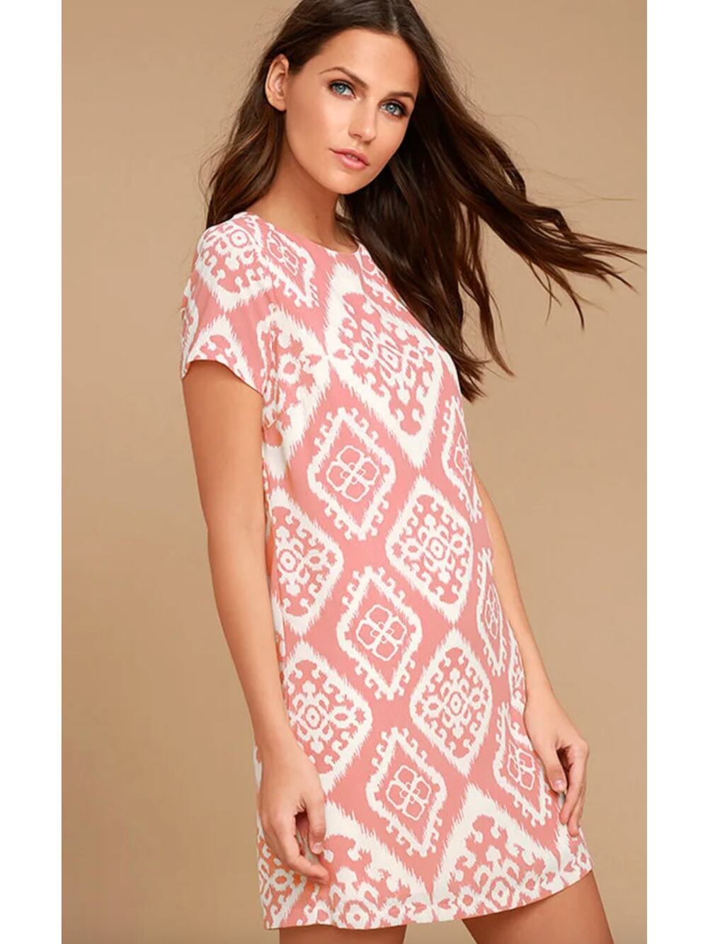 Lulus Give Me a Print Blush Pink Print Shift Dress Boho Retro Resort Small NWT